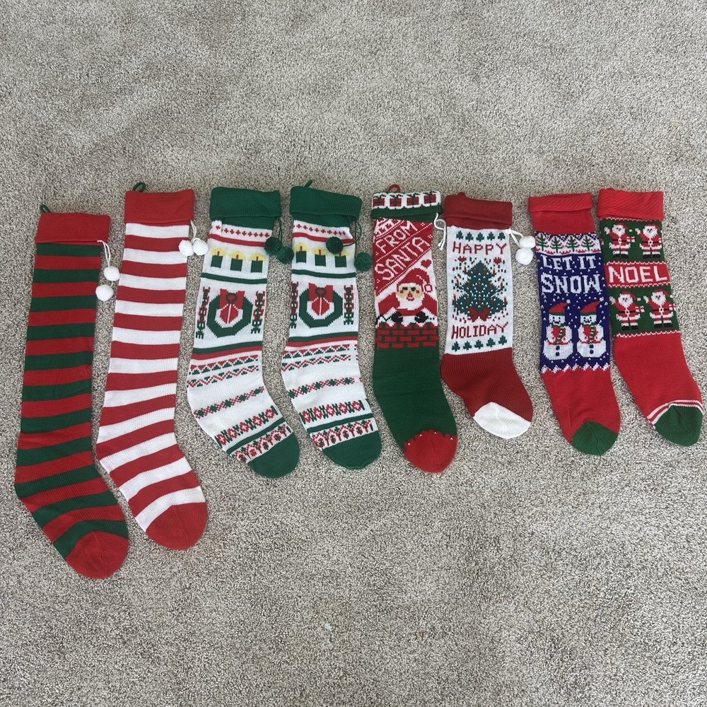 Vintage 1980s Lot of 8 Sweater Knit Christmas Stockings‎ Pom Pom Holiday Designs